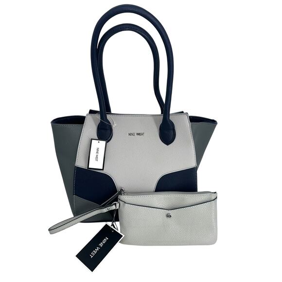 Nine West Sierra Tote Handbag with Matching Wallet Gray Navy Leather Purse NWT - Picture 1 of 16